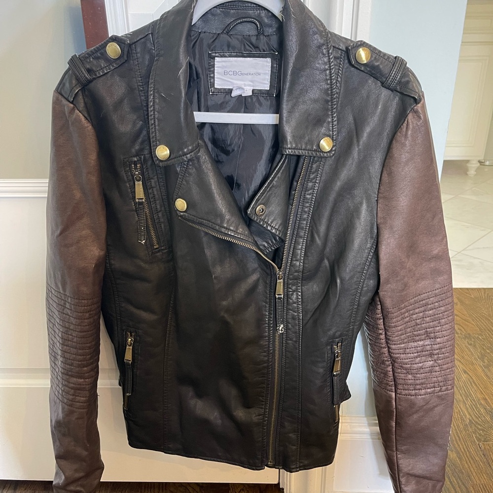 BCBGeneration Black and Brown Faux Leather Moto Jacket with Gold Accents